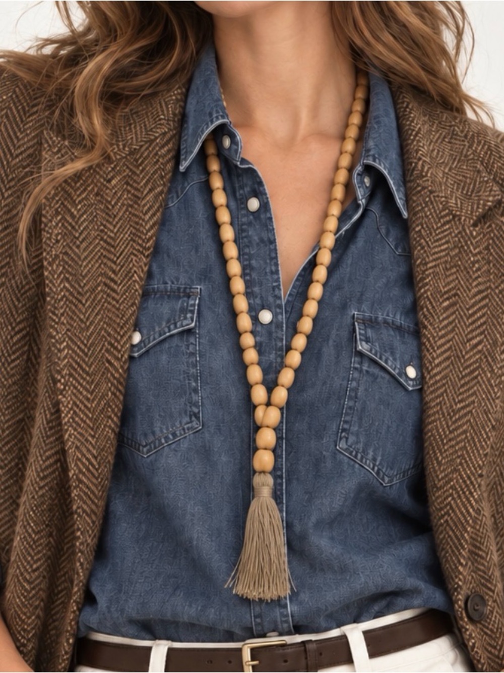 Beige Wood Bead Necklace with Gray Tassel